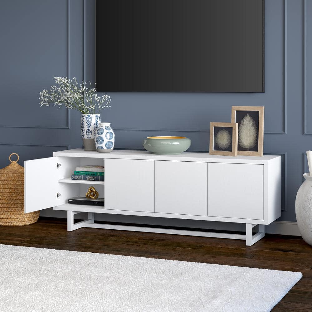 White Modern Rectangular TV Stand with Cabinets, 68"