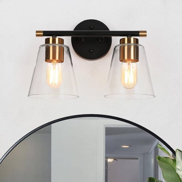 14 in. 2-Light Black and Gold Powder Room Wall Sconce, Transitional Modern Bathroom Vanity Light with Clear Bell Glass
