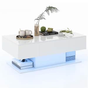 43.5 in. White Rectangle Wood Coffee Table with 2-Drawers 20-Color Dimmable LED Lights and Remote Control