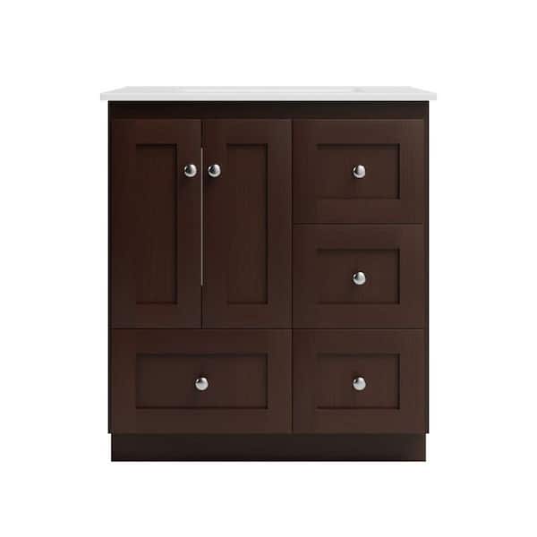 Shaker 31 in. W x 22 in. D x 35 in. H Vanity with Right Drawers in Dark Alder with Ceramic Vanity Top in White