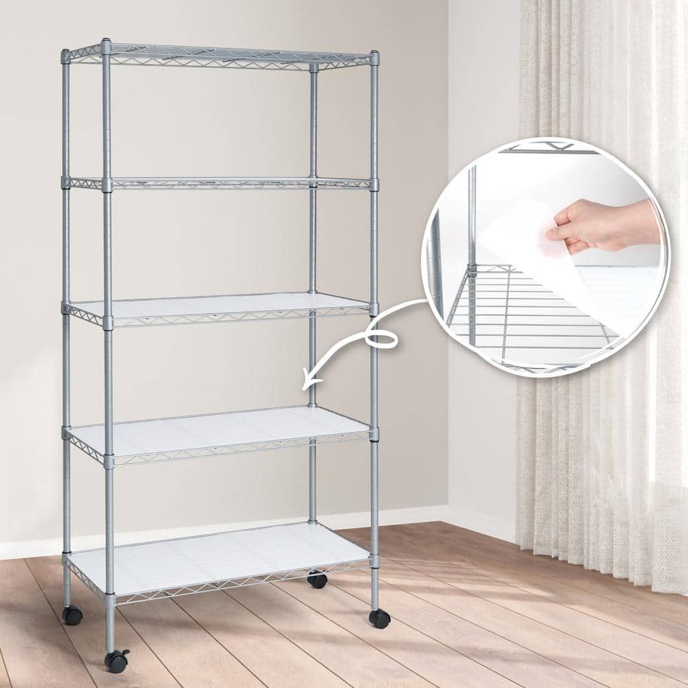 Silver 5-Tier Adjustable Steel Wire Shelving Unit with Wheels