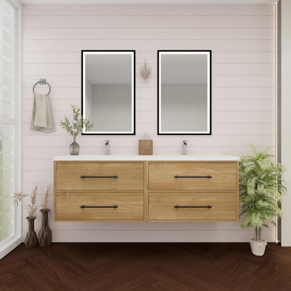 BV Better Vanity Victoria 59 in. W x 20 in. D x 22 in. H Double Sink Floating Double Bath Vanity in Oak with White Acrylic Top
