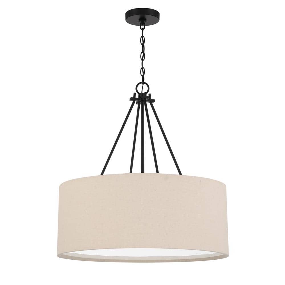 Elegant Flat Black Duke 3-Light 24" Pendant with Beige Linen Shade