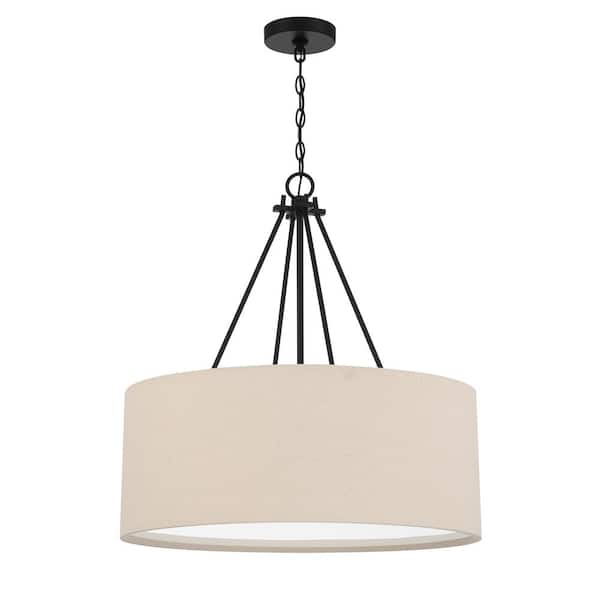 CRAFTMADE Duke 60-Watt 3-Light Flat Black Finish Dining/Kitchen Island Pendant w/ Beige Fabric Shade, No Bulbs Included