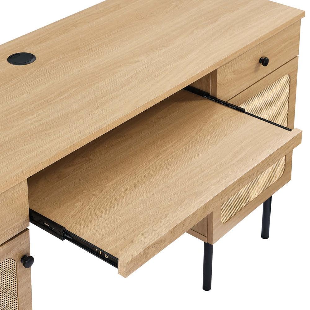 Chaucer Oak Wood Executive Desk with Rattan Detail and Storage