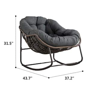 Brown Steel Metal Rattan Outdoor Rocking Chair with Grey Padded Cushion for Front Porch Patio