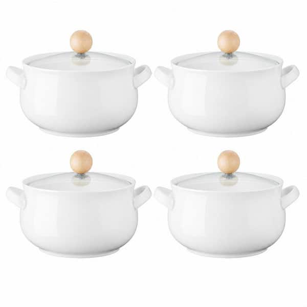 16 fl. oz. White Ceramic French Onion Soup Bowl with 2 Handles, Glass Lids for Stew Chili, Cheese, Casseroles (Set of 4)