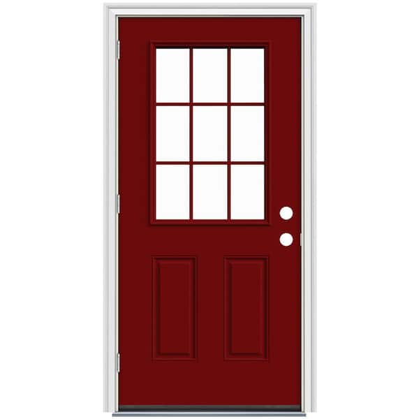 36 in. x 80 in. 9-Lite Cranberry Red Painted Steel Prehung Right-Hand Outswing Entry Door with Brickmould