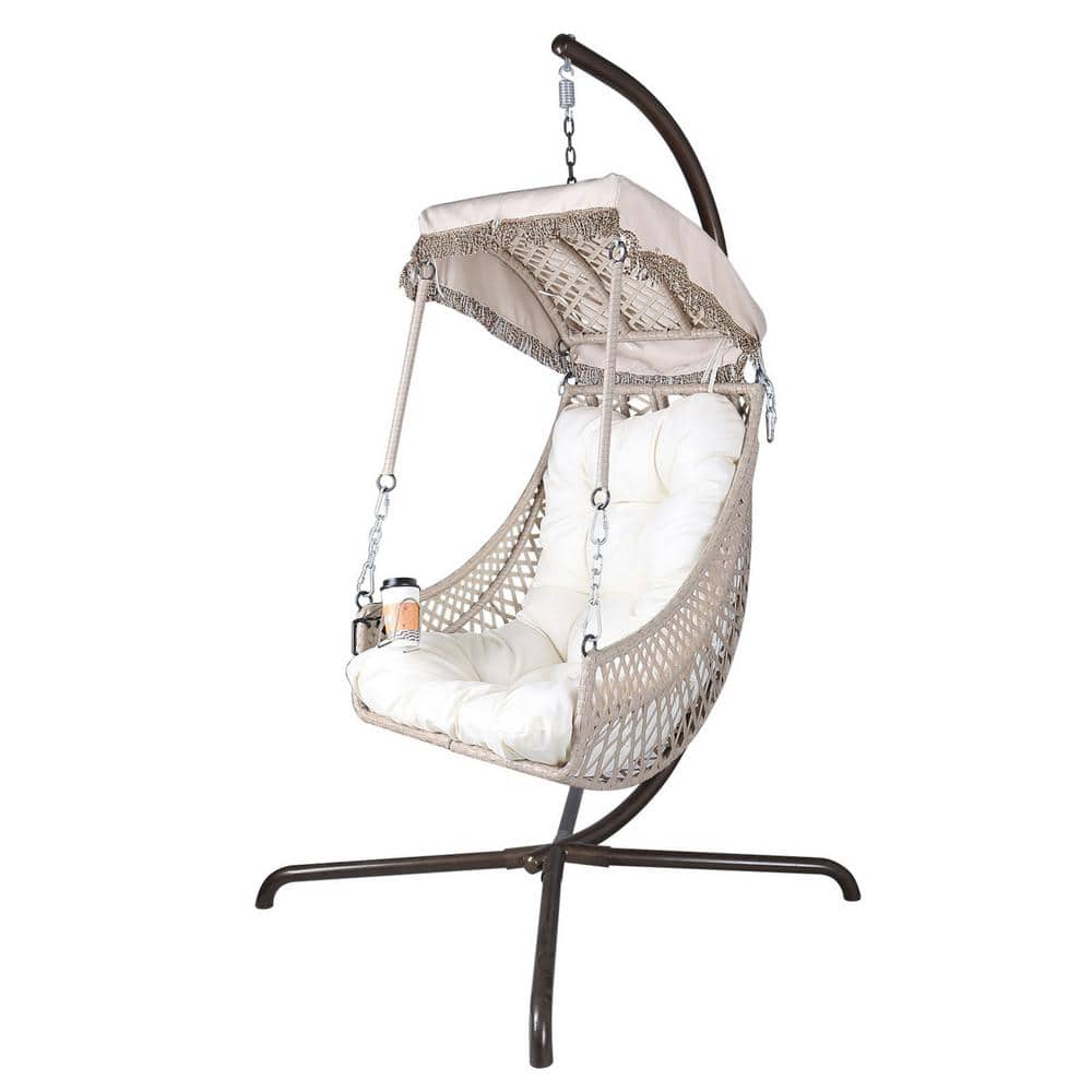 Wicker Porch Swing, Patio Swing Egg Chair with Stand, Sunshade Cloth, Beige