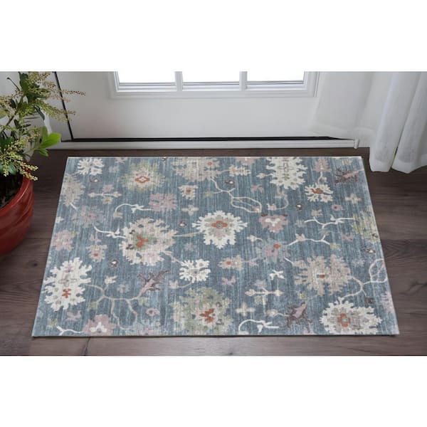 2 ft. x 3 ft. Blue Ivory And Pink Abstract Distressed Area Rug