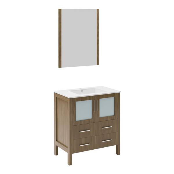 Fresca Torino 30 in. Vanity in Gray Oak with Ceramic Vanity Top in White with White Basin and Mirror (Faucet Not Included)