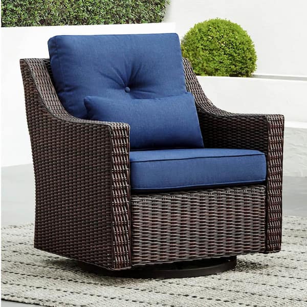Thaddeus Brown Fabric Rocking Swivel Wicker Accent Chair Rattan Chair with Blue Cushions for Outdoor & Indoor