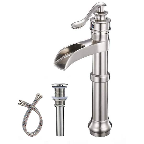 BWE Waterfall Single Hole Single-Handle Vessel Bathroom Faucet With Pop-up Drain Assembly in Brushed Nickel