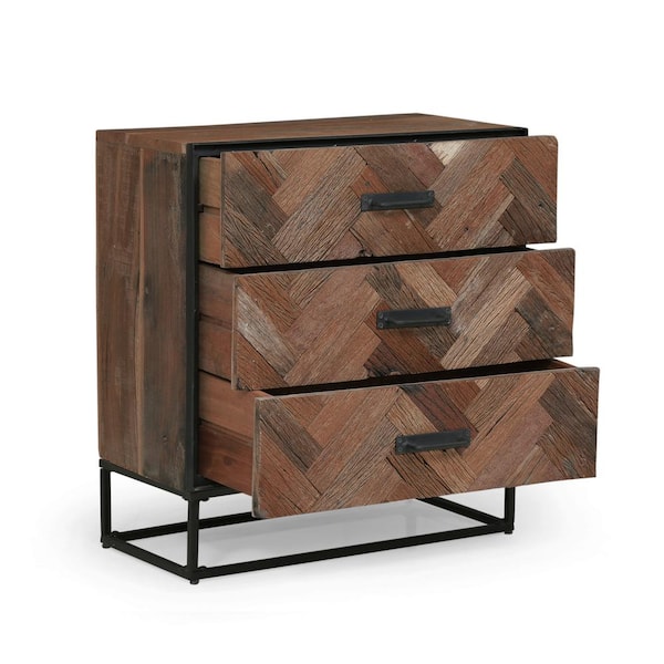 Natural wood chest of drawers with three drawers, black …