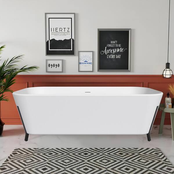 UPIKER Lively 70.4 in. x 31.4 in. Soaking White Bathtub with Center Drain in Stainless Steel