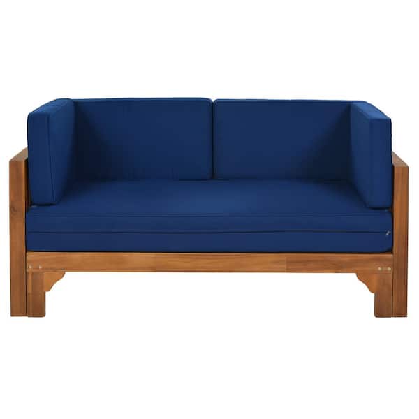 Angel Sar Patio Extendable Wood Outdoor Couch Set with Blue Cushions