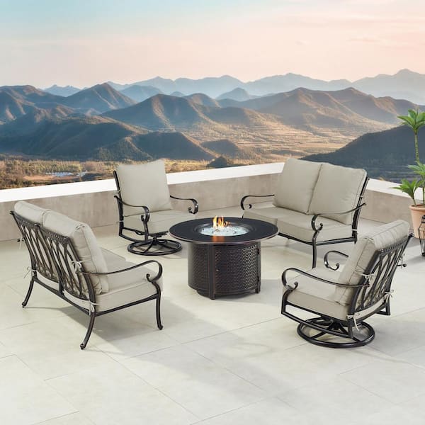 Oakland Living Black Aluminum Fire Table Set with 2-Loveseats and 2-Club Chairs