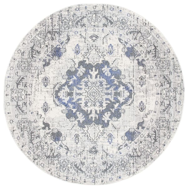 SAFAVIEH Monaco Ivory/Gray 7 ft. x 7 ft. Distressed Border Medallion Round Area Rug