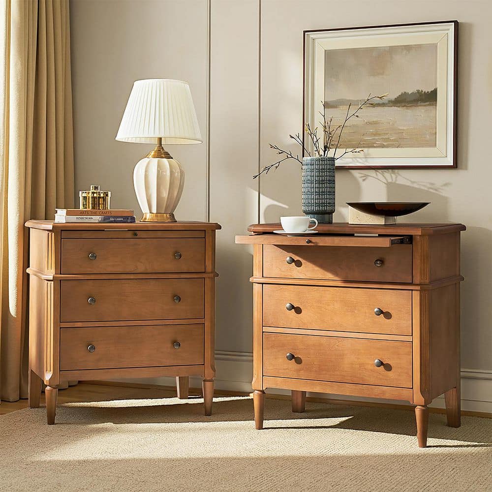 Fabien Teak 3-Drawer 28 in. W Nightstand with Solid Wood Legs (Set of 2) - thumbnail 3