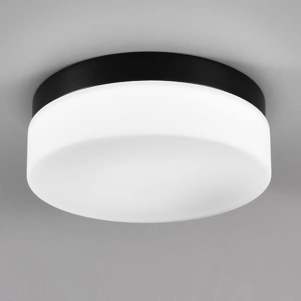 24W 5CCT 11.4 in. Black and White LED Flush Mount Ceiling Light Fixture with White Glass Shade