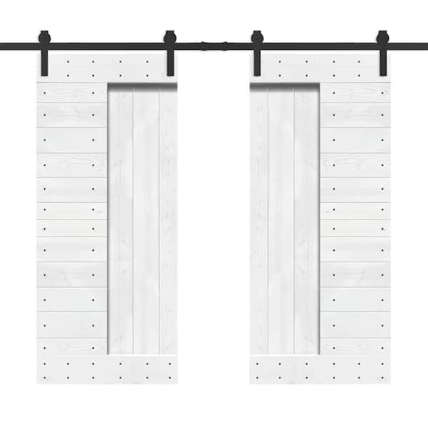 CALHOME 72 in. x 84 in. White Stained DIY Knotty Pine Wood Interior Double Sliding Barn Door with Hardware Kit