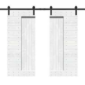76 in. x 84 in. White Stained DIY Knotty Pine Wood Interior Double Sliding Barn Door with Hardware Kit