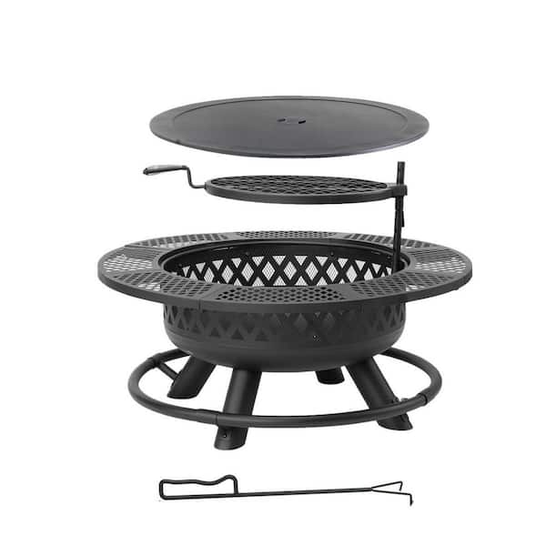 25.2 in. Fire Pit with Grill Outdoor Wood Fire Pit with Lid and Fire Poker 3-in-1 Round Metal Firepit with Cooking Grate