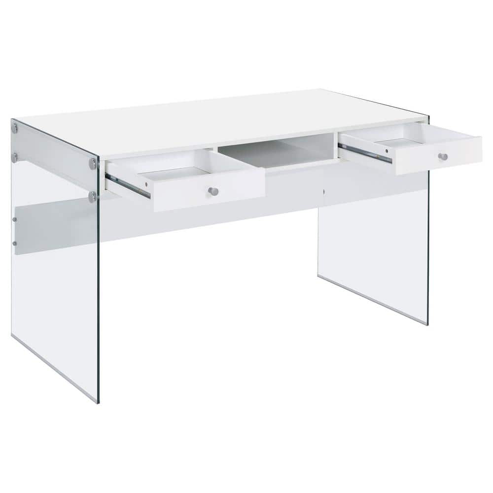 Contemporary Glossy White Home Office Desk with Tempered Glass Supports