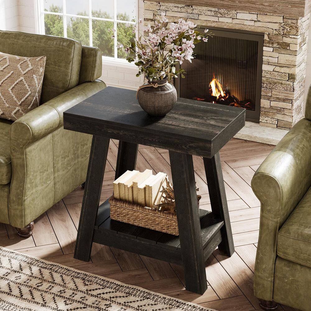 Kerlin 23.6 in. Black Rectangle Wood End Table with 2-Tier Shelf, Small Sofa Side Table with Storage - thumbnail 3