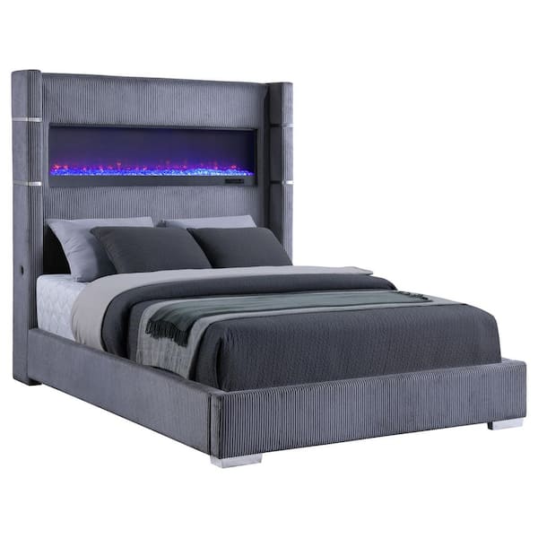 Coaster Tisdall Gray Wood Frame Upholstered Queen Panel Bed with Fireplace and Wingback Headboard