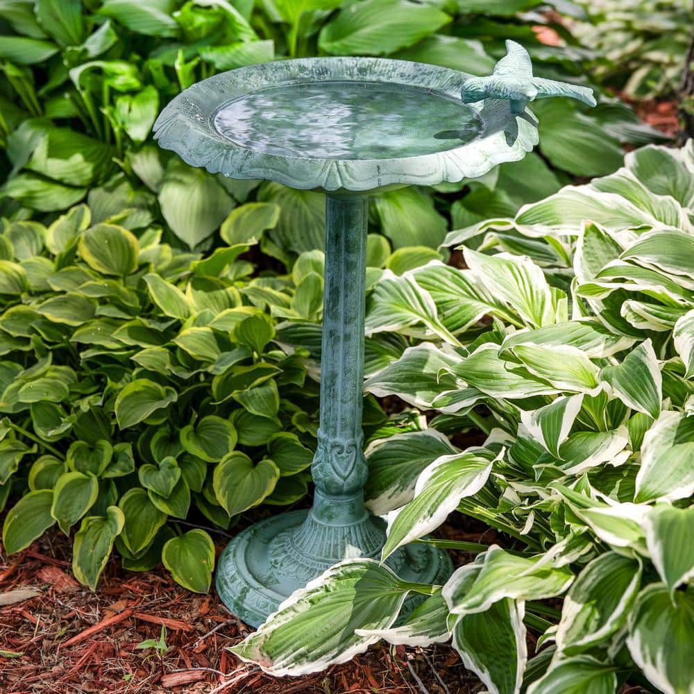 Green Patina Cast Aluminum Garden Bird Bath with Sculpture