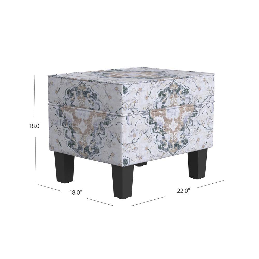 Antiqued Ebony Medallion Upholstered Storage Ottoman with Hinged Lid