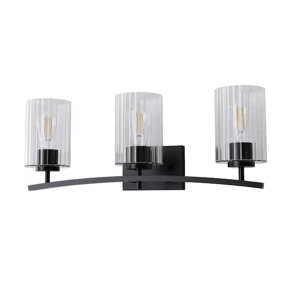 24 in. 3-Light Matte Black Cylinder Vanity Light with Clear Glass Shade for Bathroom Dimmable