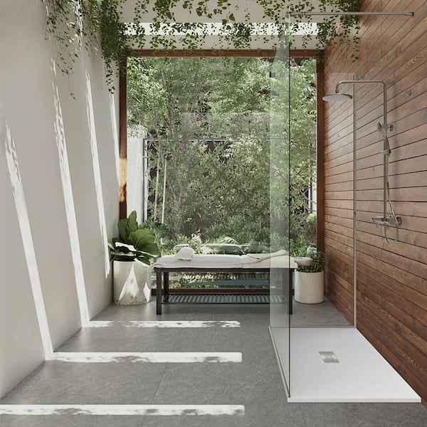 36 in. W x 60 in. L x 1.125 in. H Alcove Solid Composite Stone Shower Pan Base with Center Drain in White Sand