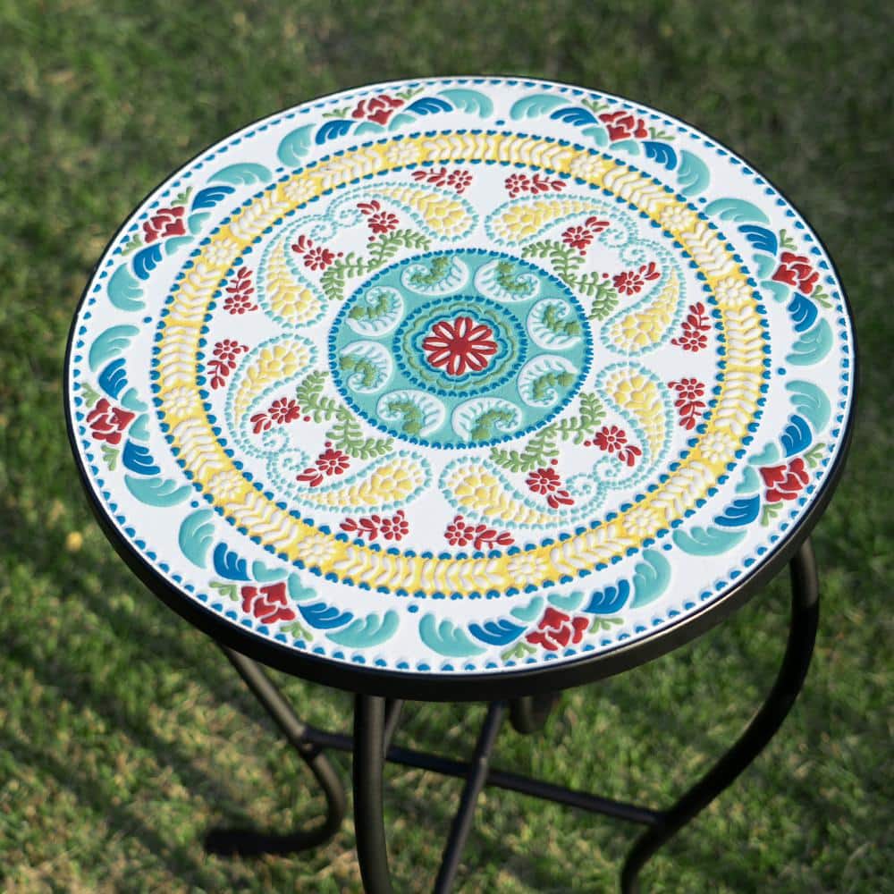 Floral Turkish-Style Ceramic Tile Round Side Table