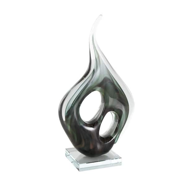 Litton Lane Green Glass Curved Cutout Abstract Sculpture with Swirl Patterns