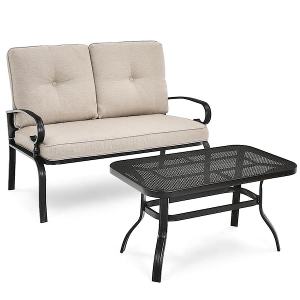 Costway 2-Pieces Metal Outdoor Loveseat Bench Table Furniture Set with Beige Cushions