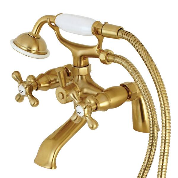 Kingston Brass Victorian 3-Handle Deck-Mount Claw Foot Tub Faucet with Handshower in Brushed Brass