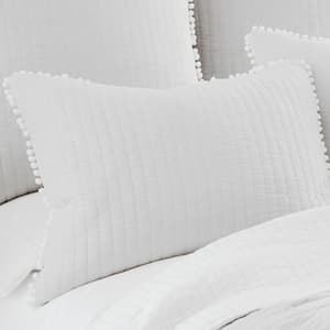 Pom Pom White Solid Quilted Cotton 20 in. x 36 in. King Pillow Sham