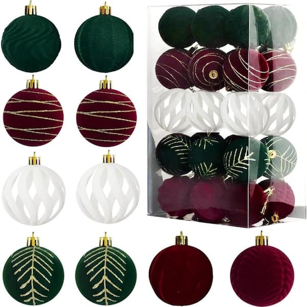 30Pcs 2.36in Velvet Flocked Christmas Ornaments, 5‑Style Shatterproof Hanging Balls for Xmas Tree Home Holiday Decor