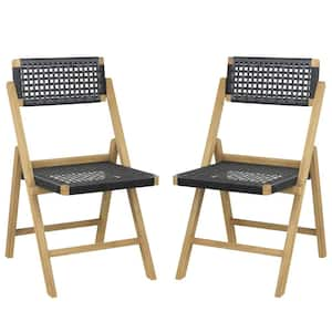 Wood Outdoor Dining Chair Set of 2 with Woven Paper Rope in Seat and Back