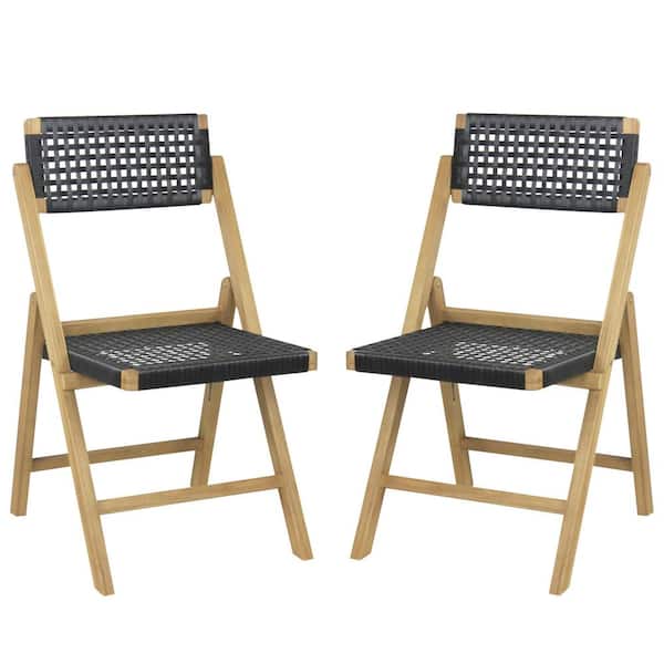 FORCLOVER Wood Outdoor Dining Chair Set of 2 with Woven Paper Rope in Seat and Back
