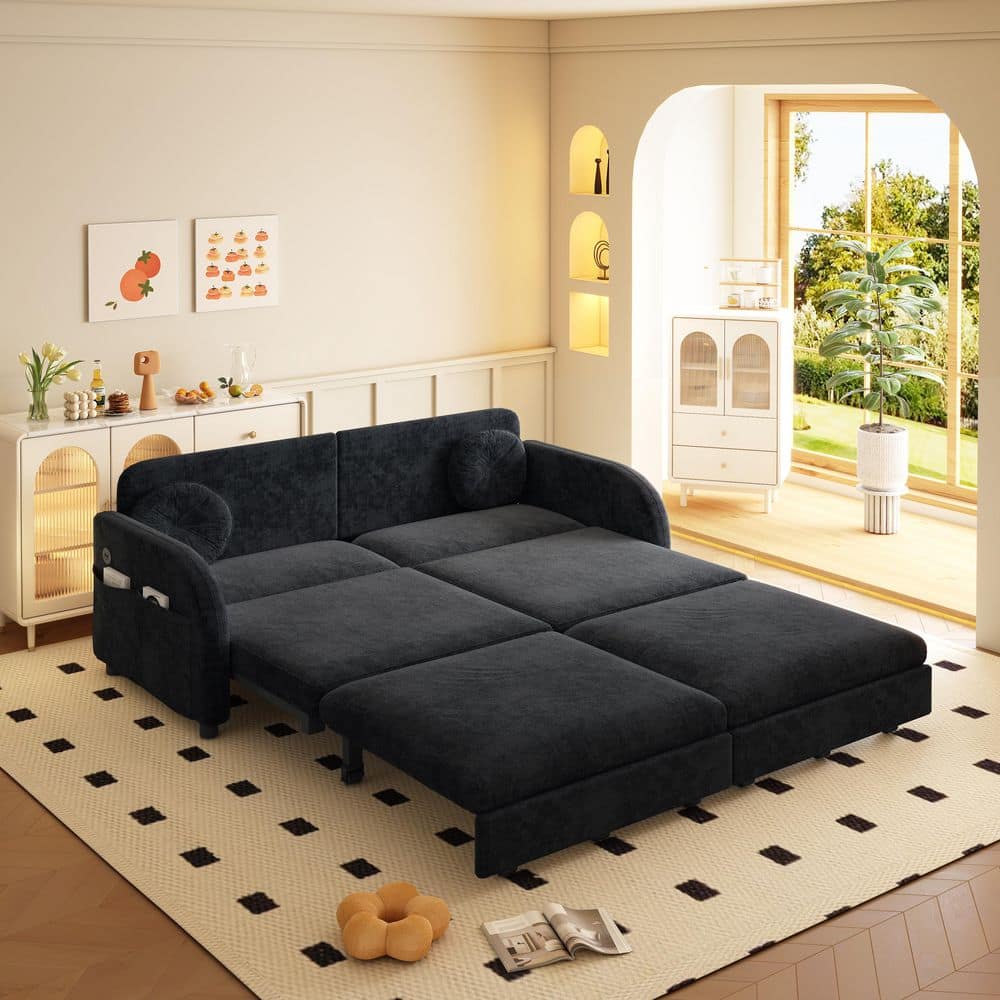 Convertible 65.4 in. Black Chenille Queen Size Sleeper Sofa Bed with Side Pockets, USB Ports, 2-Pillows
