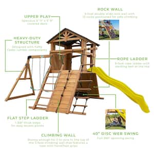 Endeavor All Cedar Wood Children Swing Set Playset w/ Elevated Clubhouse Climbing Wall Swings Web Swing and Yellow Slide