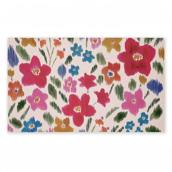 Boho Ikat Flowers Pink 18 in. x 30 in. Polyester Non-Slip Outdoor Door Mat