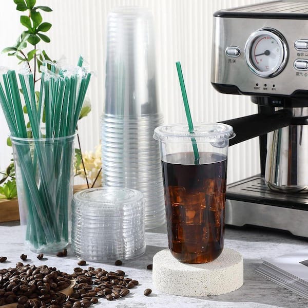 3.94 in. Clear Disposable Plastic Cup Disposable Tableware Set with Lids and Straws (25 Per Case)