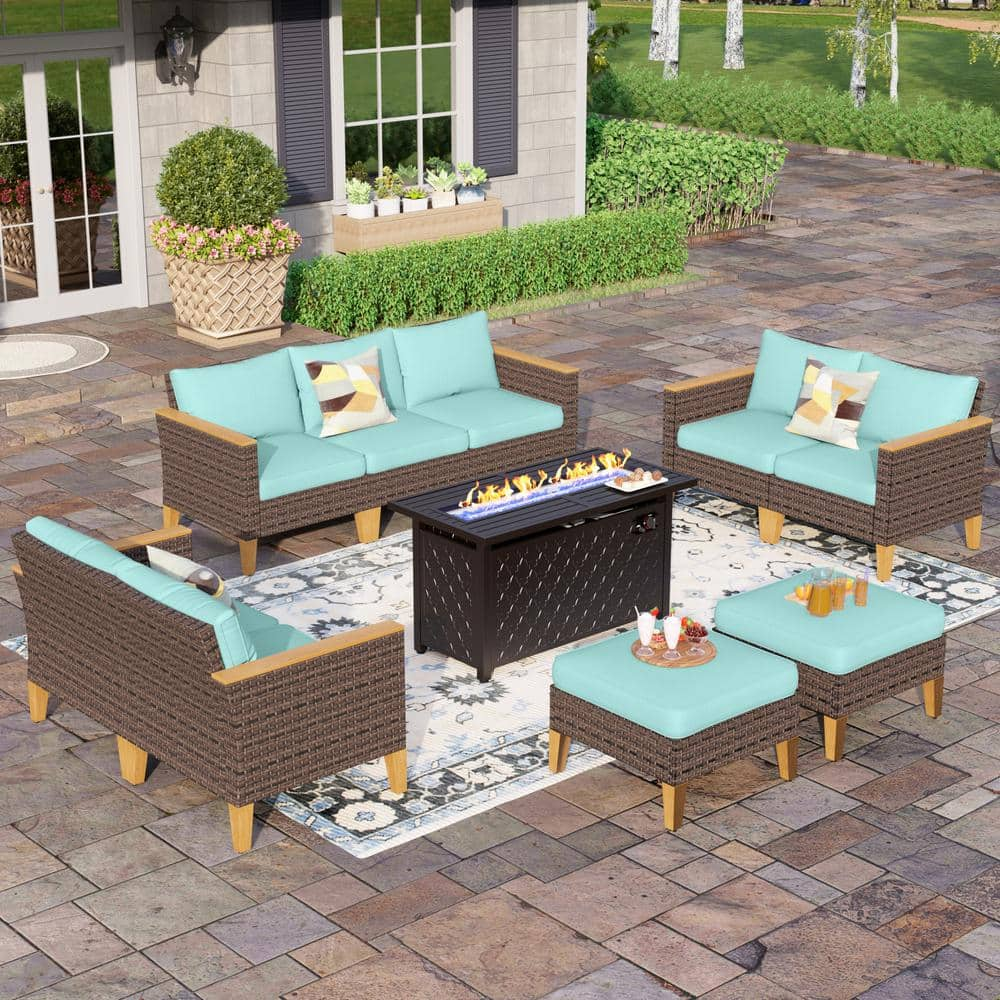 Brown Rattan Wicker 9 Seat 10-Piece Steel Outdoor Patio Conversation Set with Blue Cushions, Rectangular Fire Pit Table -  PHI VILLA, DF10BU33060704