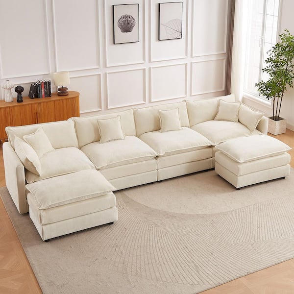 147.2 in. Square Arm U-Shaped Chenille Deluxe Pillow-Styled Modular Sectional Sofa in. Beige with 2-Ottoman