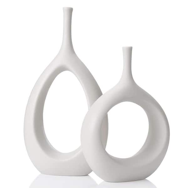 Afoxsos Ceramic Hollow Vases Set of 2, Flower Vase for Decor, Modern Decorative Vase Centerpiece for Wedding Dinner, White