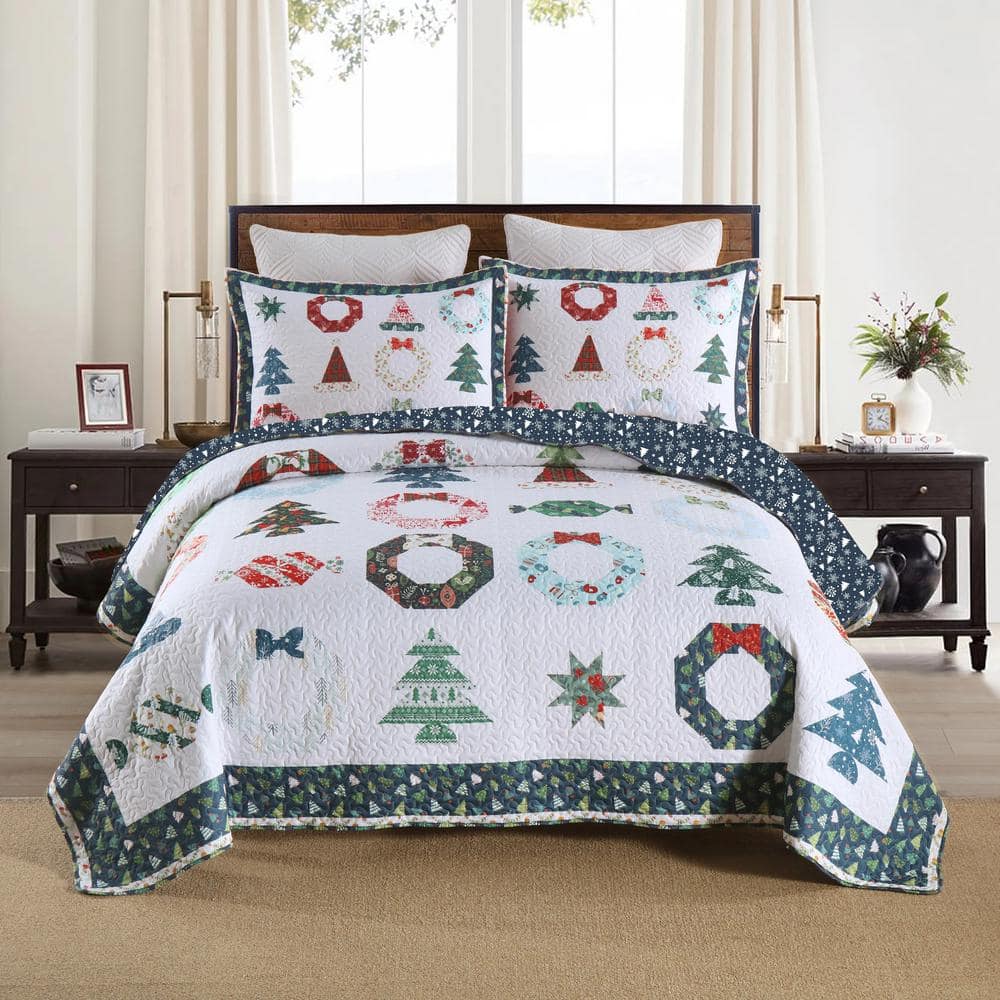 BY206 Christmas Blue Santa Hat and Snowflake King Polyester Quilt Bedspread Set